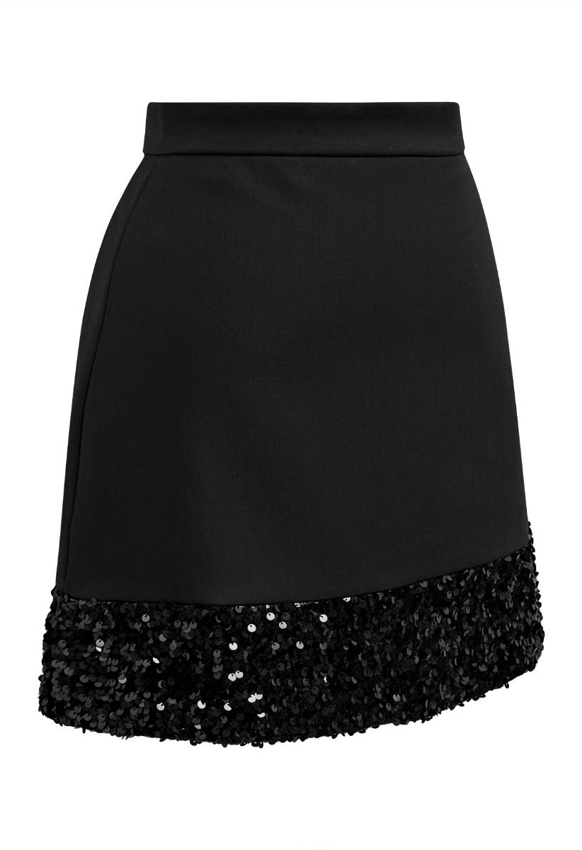 Shine Glamour Sequin Hem Mini Skirt in Black