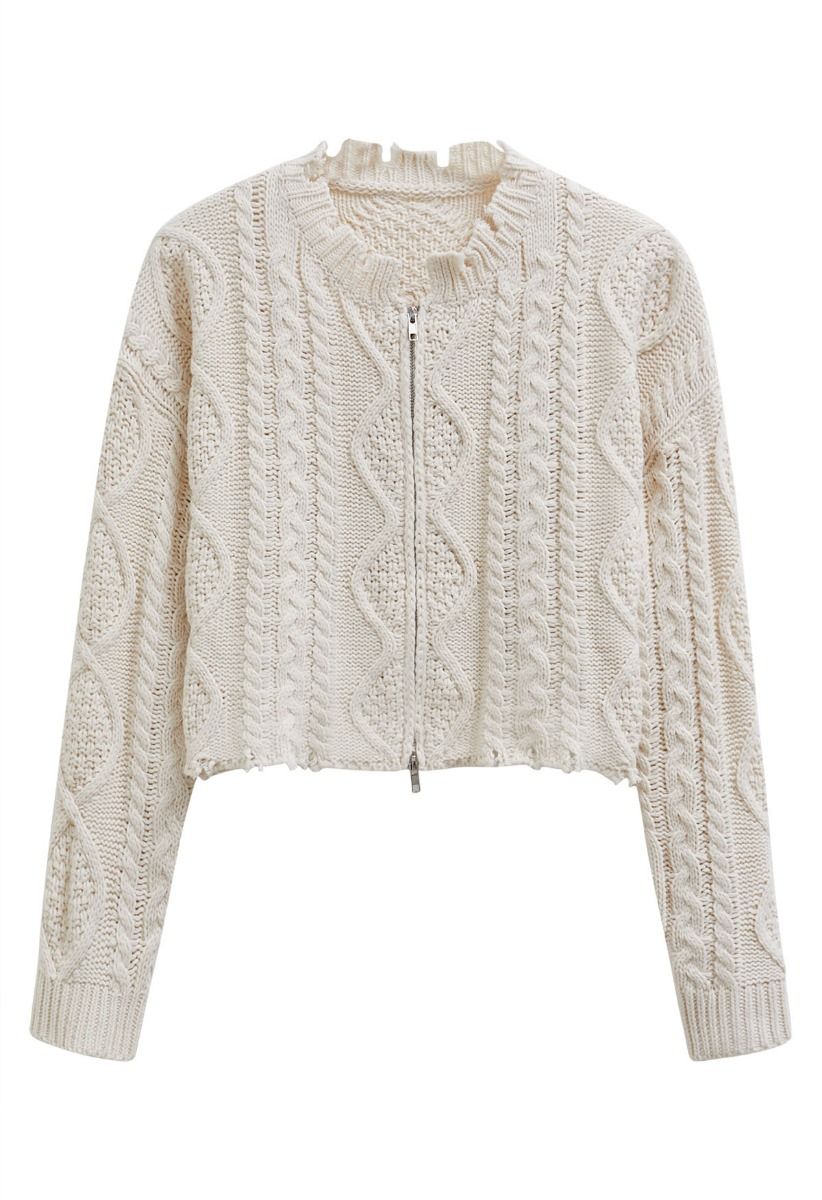 Raw Edge Cable Knit Zipper Crop Cardigan in Ivory