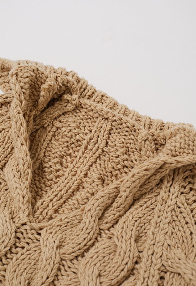 Collared V-Neck Chunky Cable-Knit Sweater in Tan