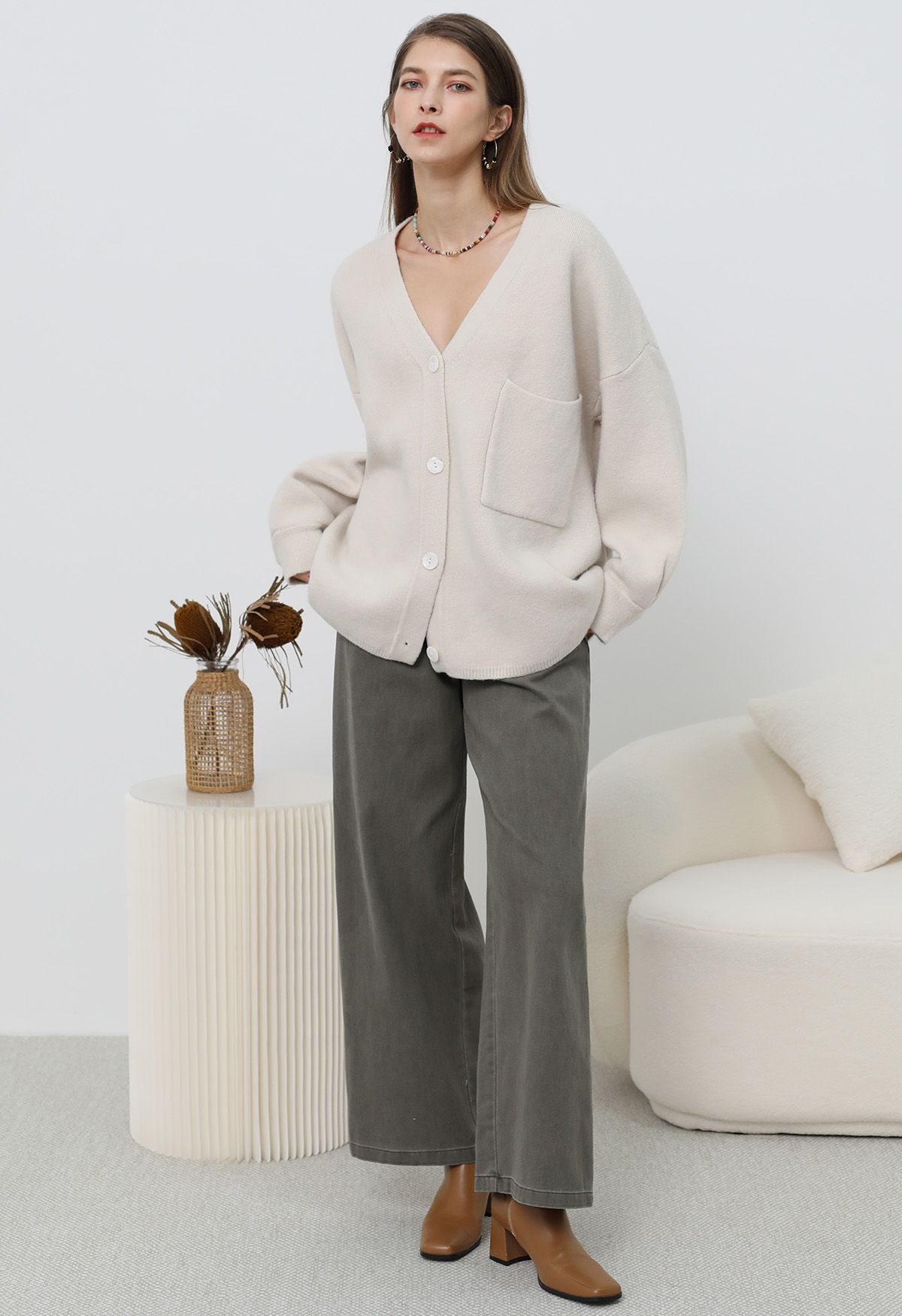 Relaxed Patch-Pocket Button Down Cardigan in Ivory