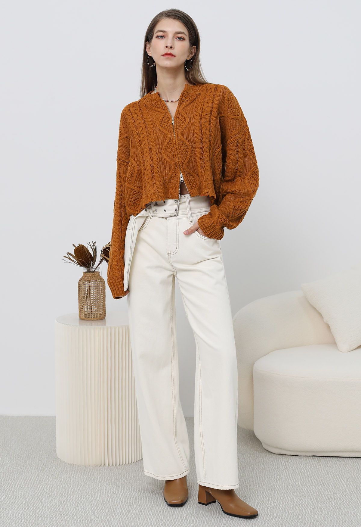 Raw Edge Cable Knit Zipper Crop Cardigan in Pumpkin