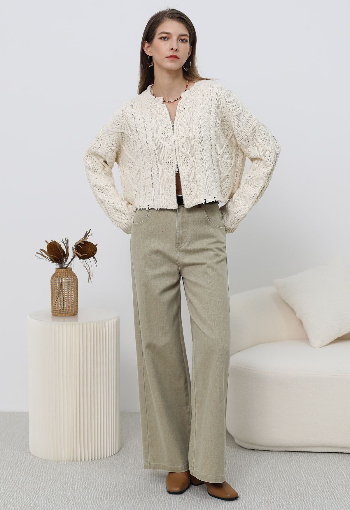 Raw Edge Cable Knit Zipper Crop Cardigan in Ivory