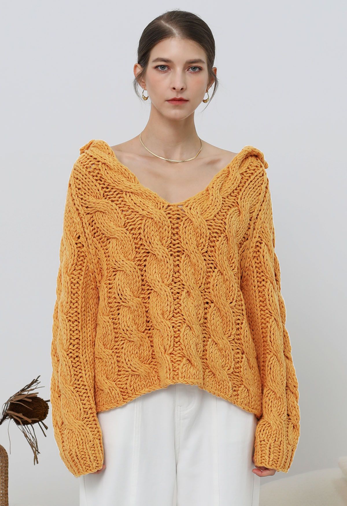 Collared V Neck Chunky Cable Knit Sweater in Orange