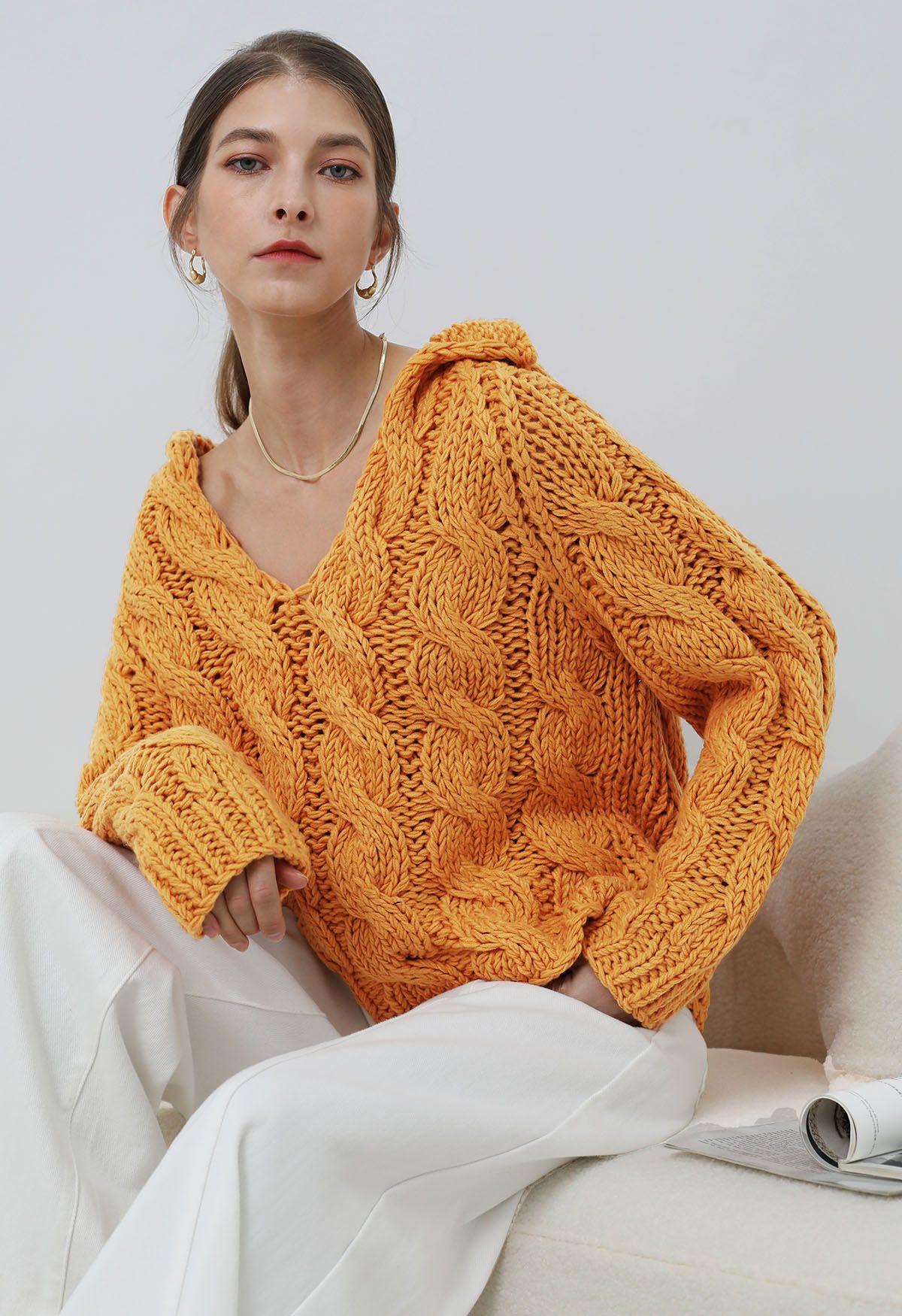 Collared V Neck Chunky Cable Knit Sweater in Orange