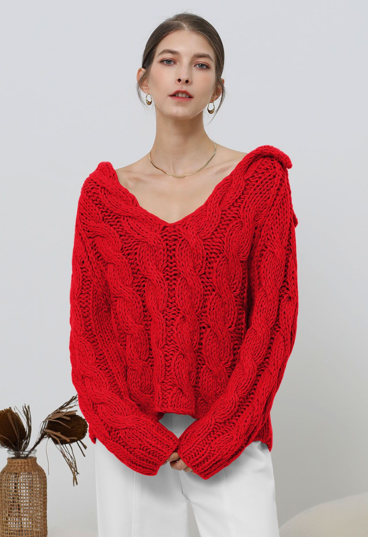 Collared V Neck Chunky Cable Knit Sweater in Red Retro Indie and Unique Fashion