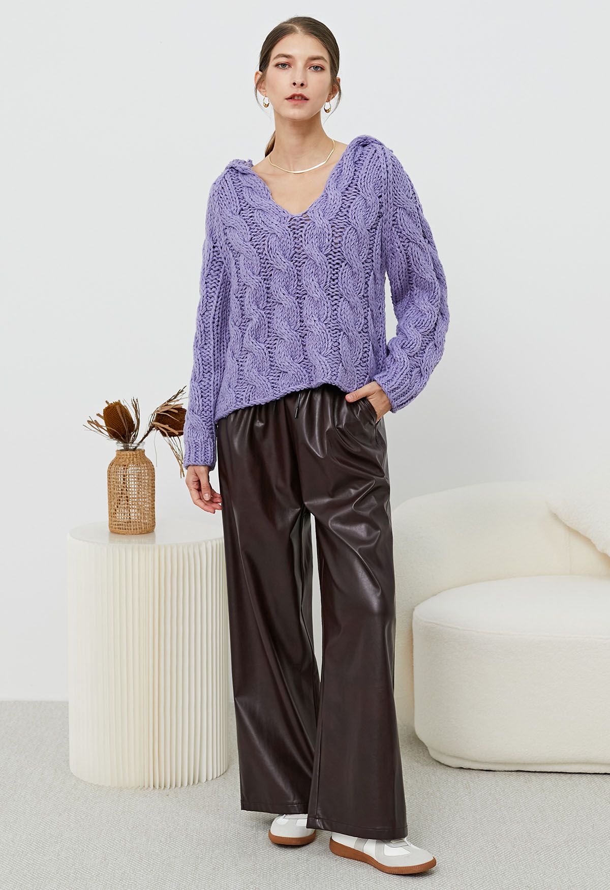 Collared V-Neck Chunky Cable-Knit Sweater in Lavender