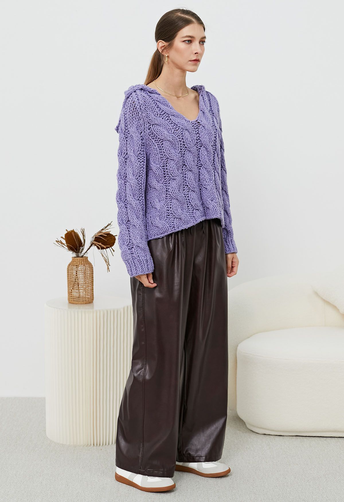 Collared V-Neck Chunky Cable-Knit Sweater in Lavender