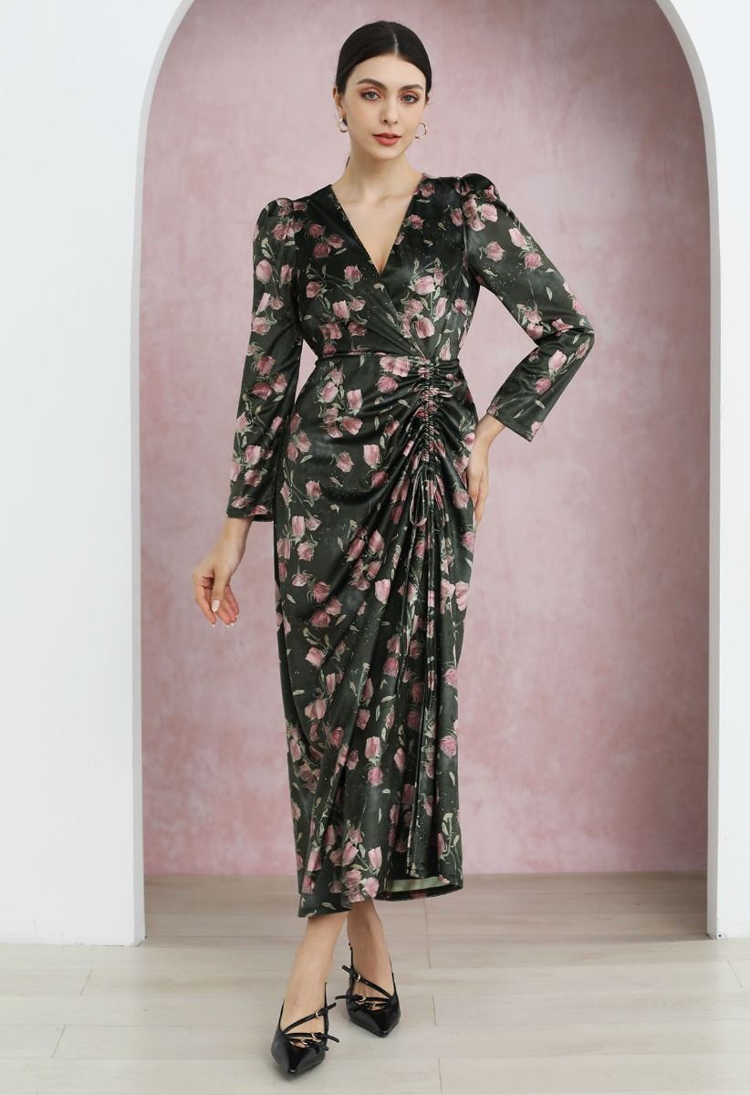 Rosy Elegance Drawstring Wrapped Velvet Maxi Dress in Smoke