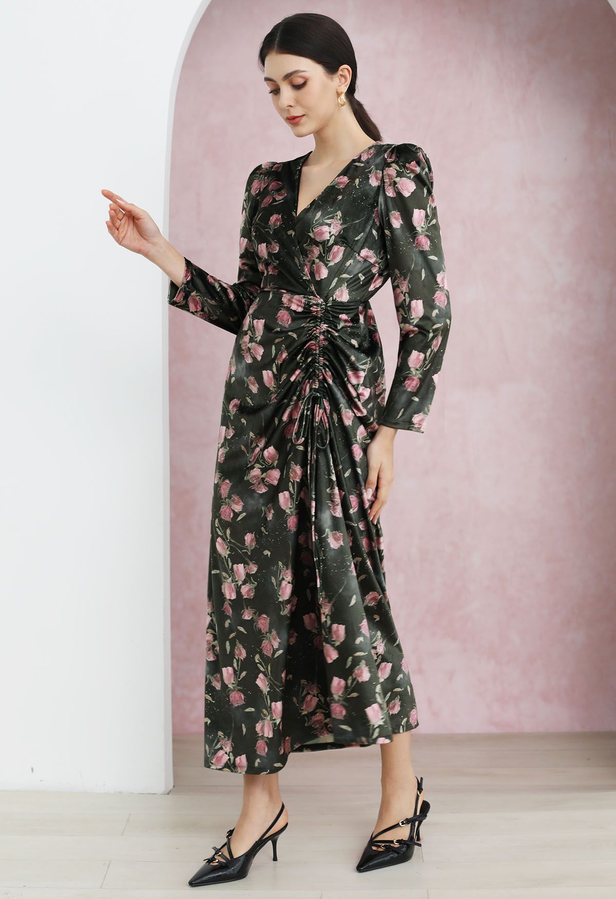 Rosy Elegance Drawstring Wrapped Velvet Maxi Dress in Smoke