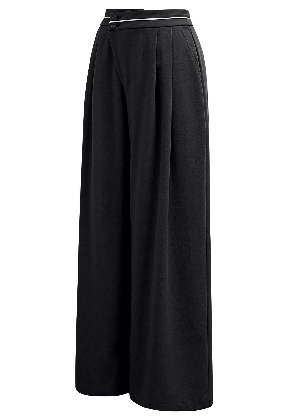 Contrast Piping Buttoned Pleats Palazzo Pants in Black