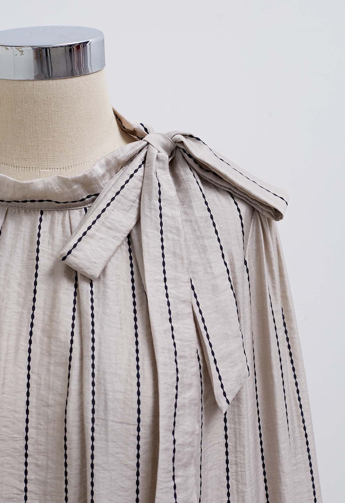 Striped Tie Neck Puff Sleeve Pleats Shirt in Sand