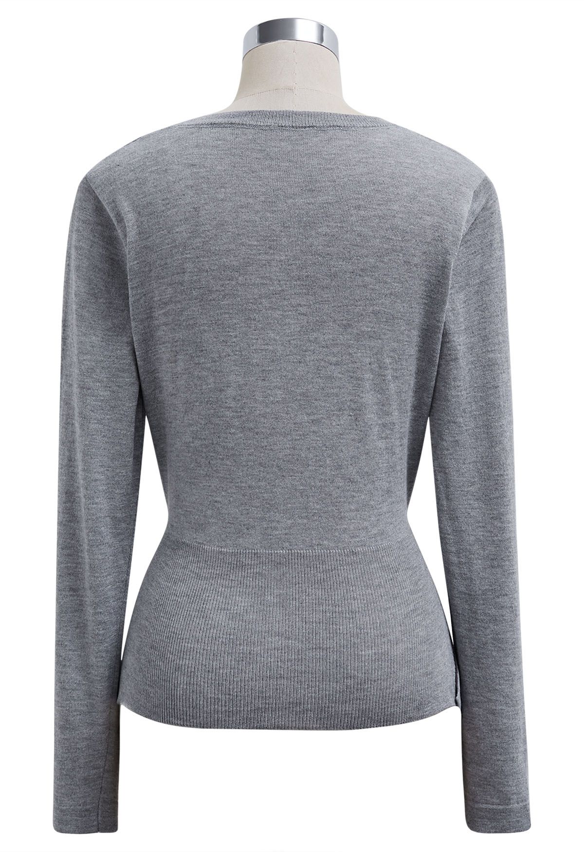 Fascinating Crisscross Buttoned Knit Top in Grey