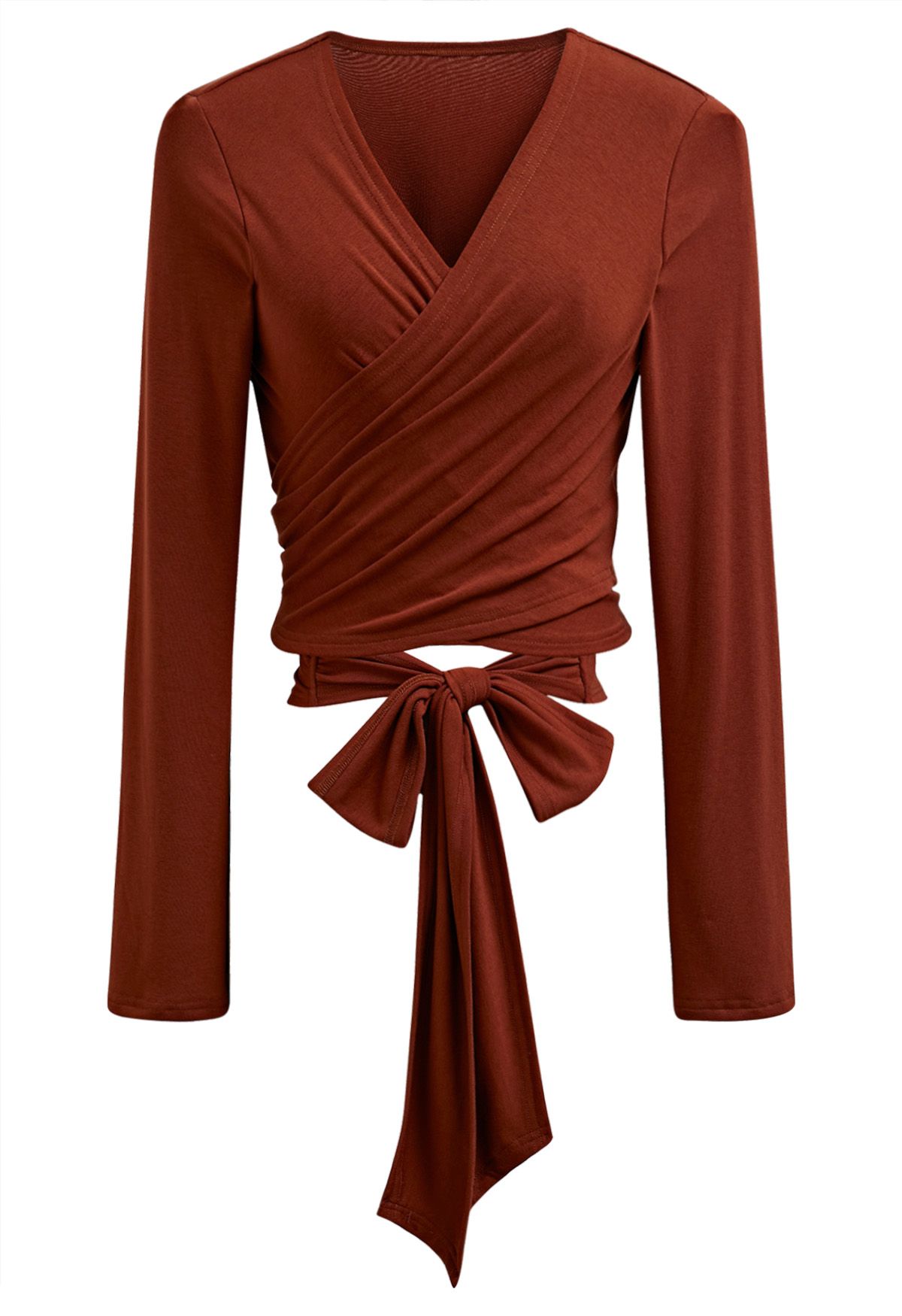 Self-Tie Back Ribbon Wrapped Front Top in Rust Red