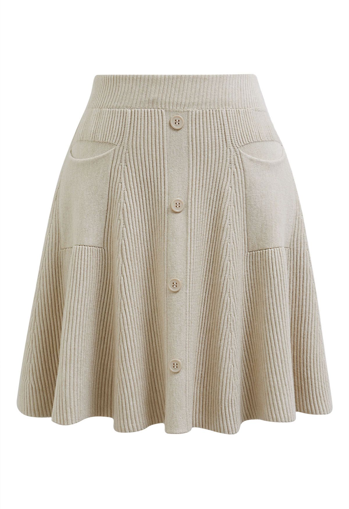 Patch Pockets Button Trim Knit Mini Skirt in Sand