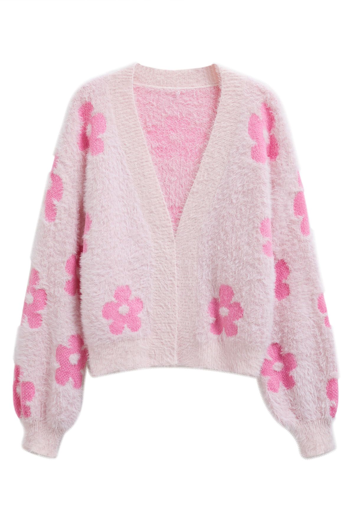 Cuteness Flowers Fuzzy Knit Cardigan in Pink