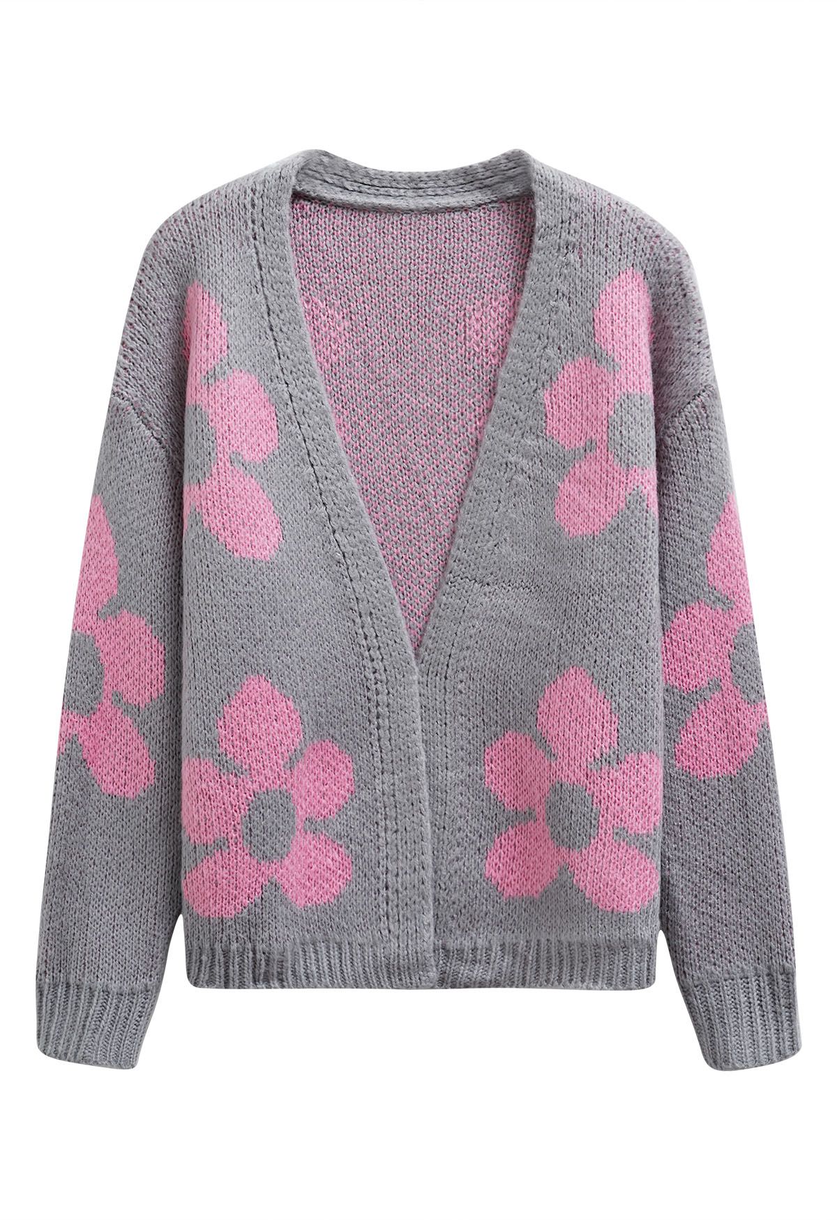 Grand Floral Open Front Knit Cardigan in Grey