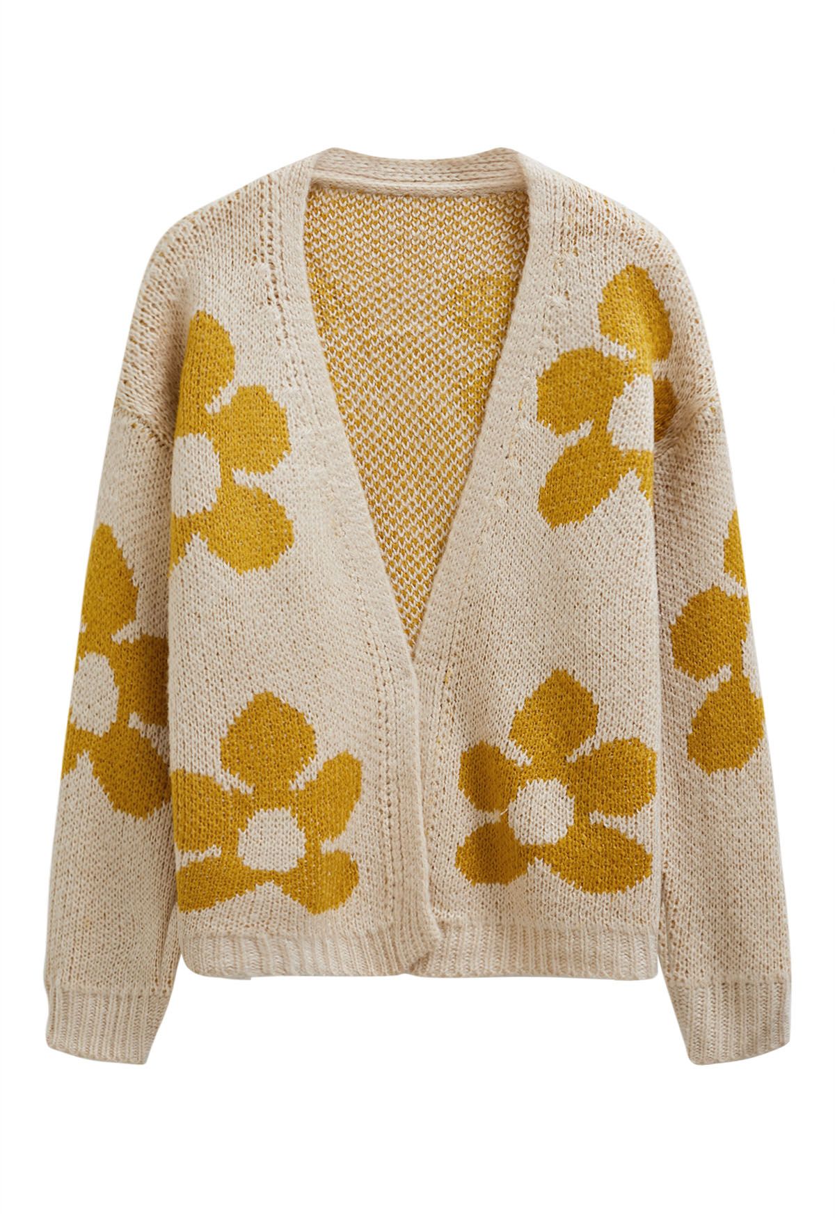 Grand Floral Open Front Knit Cardigan in Light Yellow