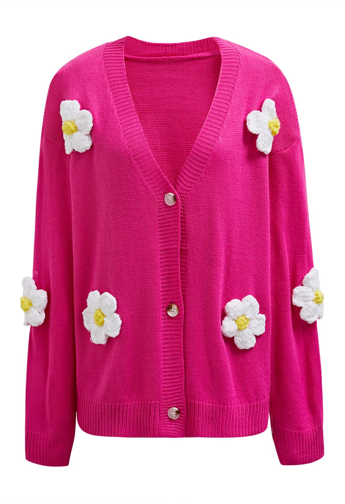 Lovely 3D Flower Buttoned Knit Cardigan in Magenta