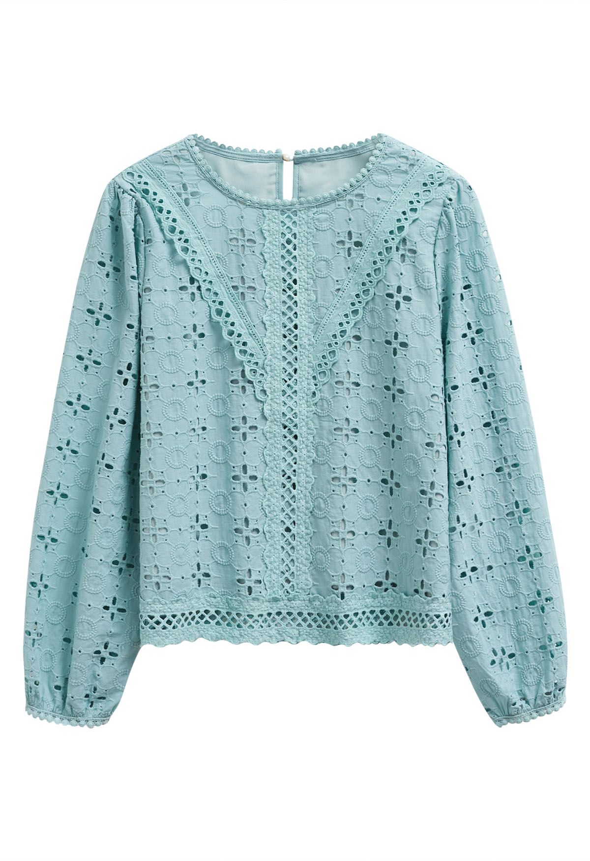 Intricate Petals Eyelet Embroidery Cotton Top in Turquoise