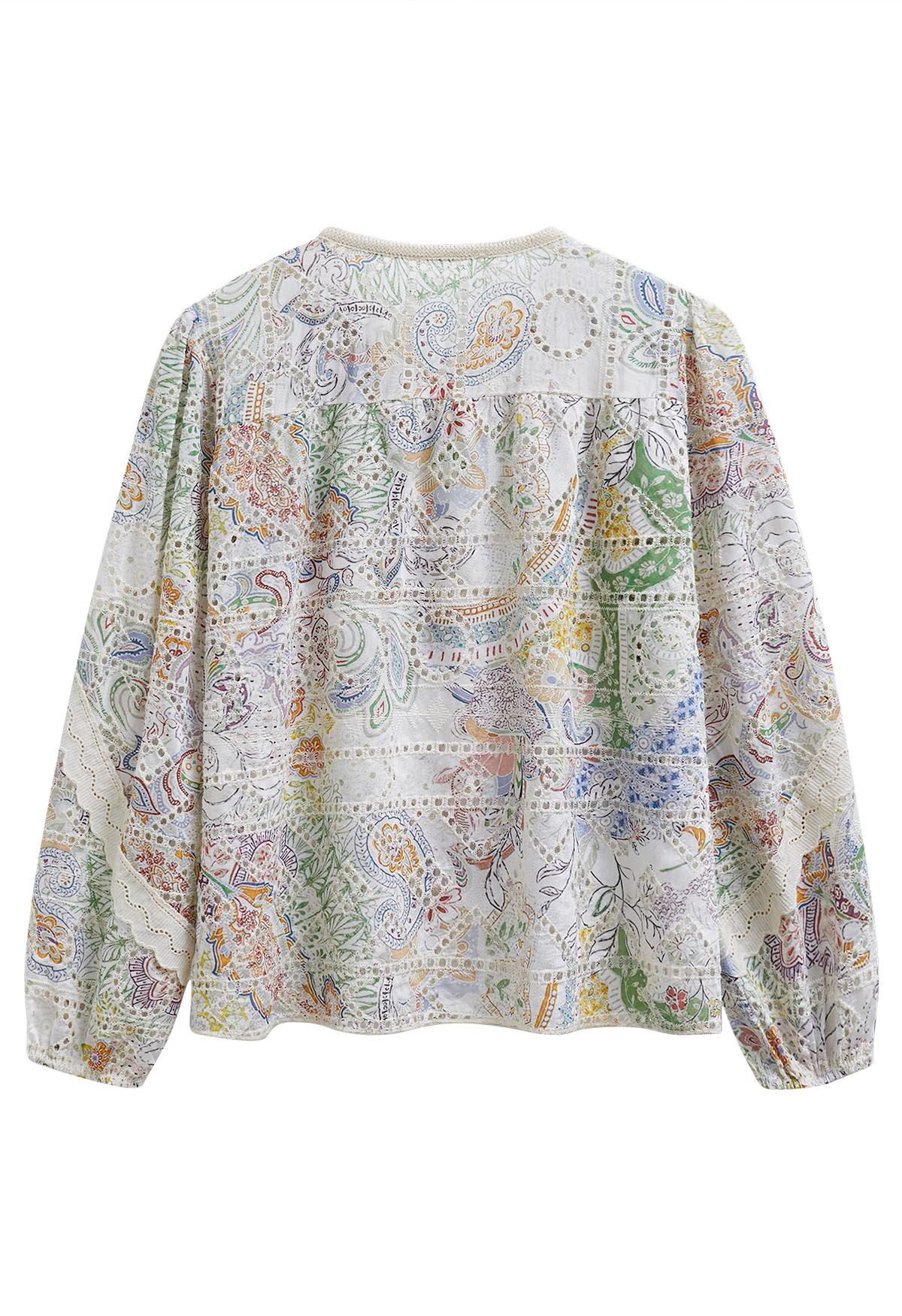 Colorful Garden Eyelet Embroidery Peasant Top