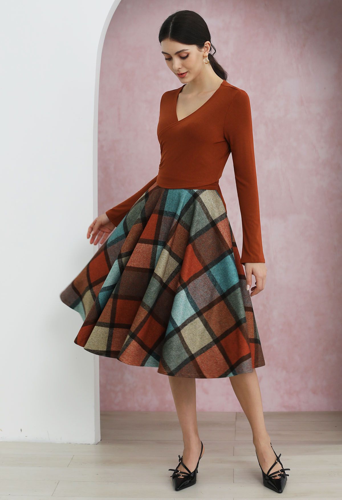 Color Block Checked Pattern Flare Midi Skirt