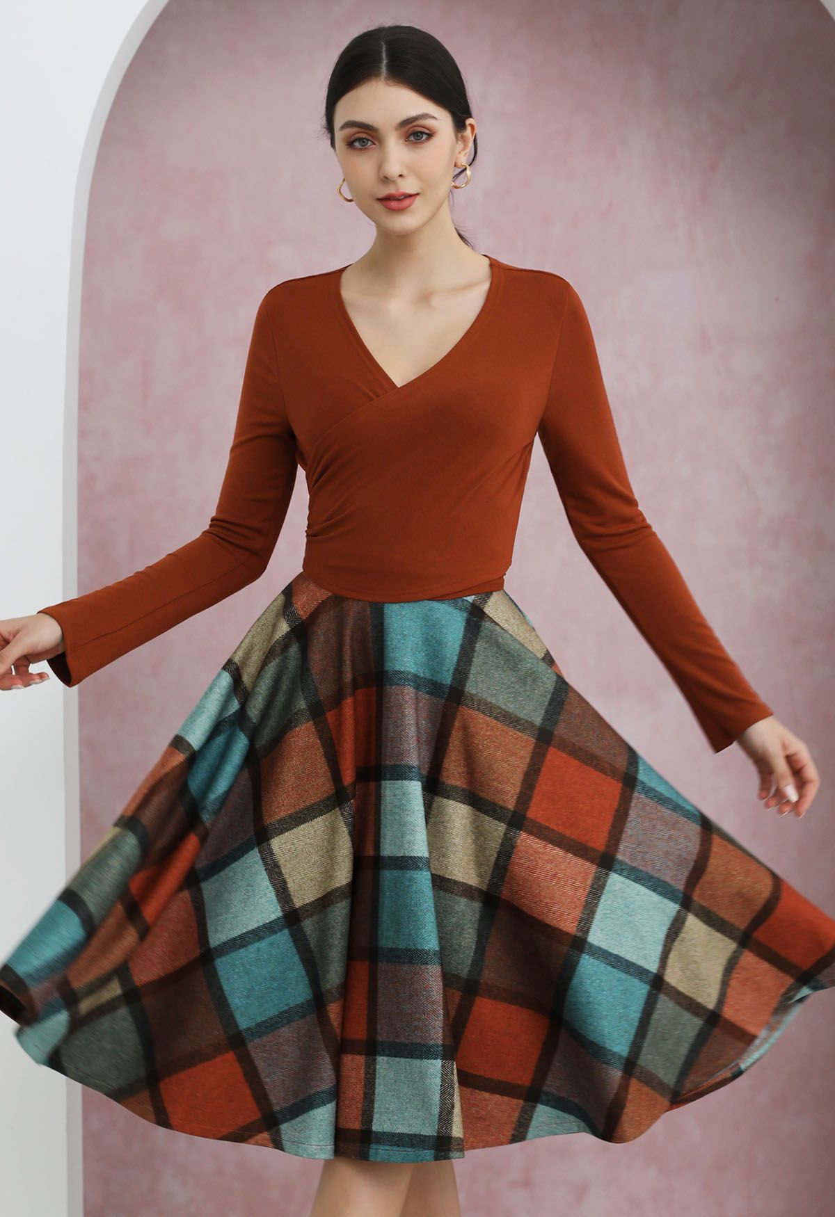 Color Block Checked Pattern Flare Midi Skirt