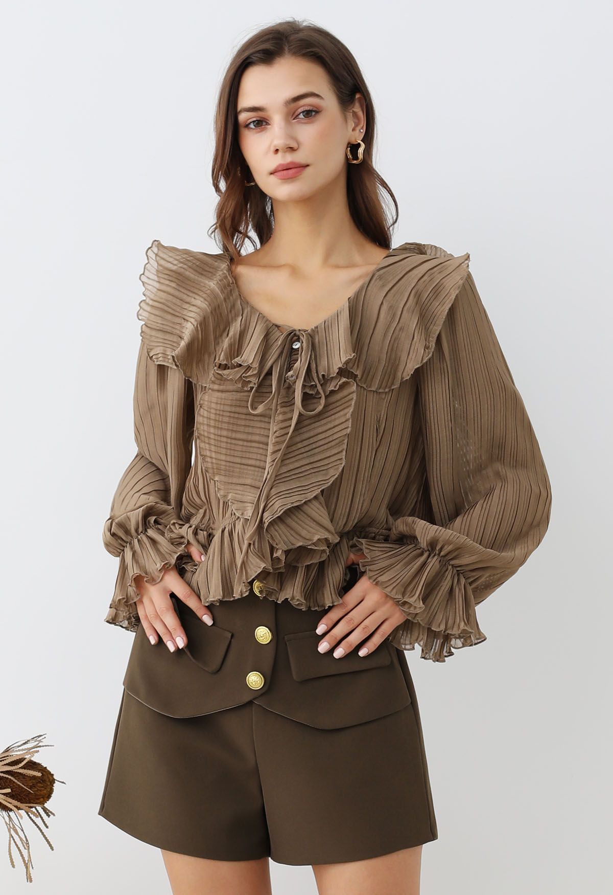 Dancing Ruffle Plisse Buttoned Cropped Top in Tan