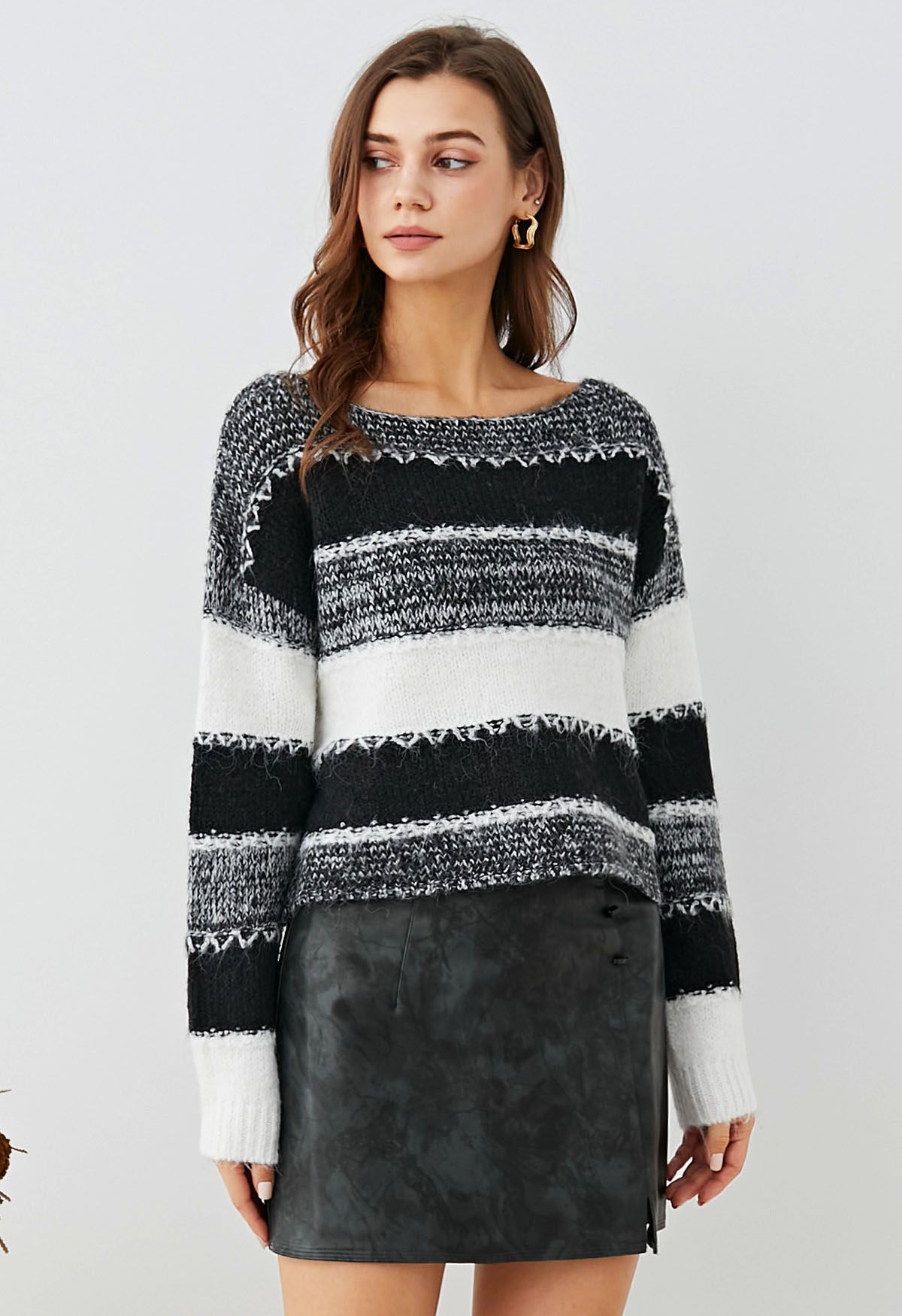 Fair Isle Stripe Cropped Knit Sweater in Black