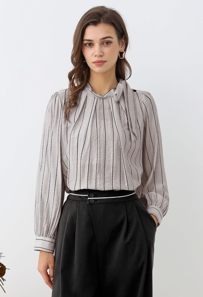 Striped Tie Neck Puff Sleeve Pleats Shirt in Sand