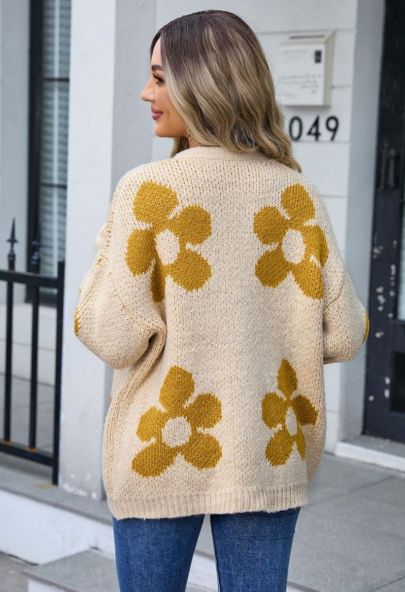 Grand Floral Open Front Knit Cardigan in Light Yellow