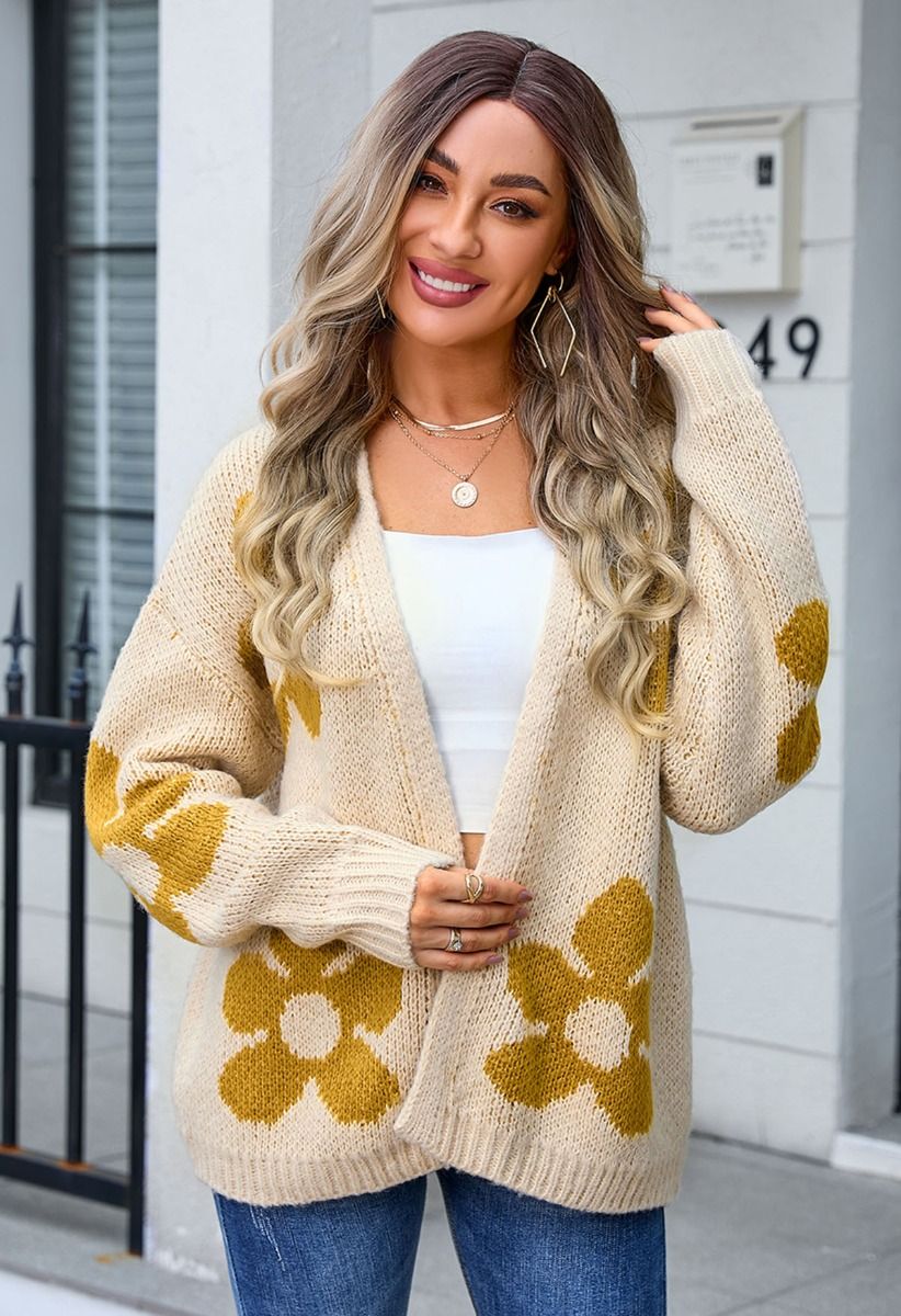 Grand Floral Open Front Knit Cardigan in Light Yellow