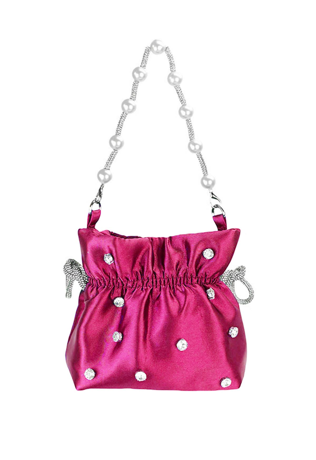 Rhinestone Decor Drawstring Shoulder Bag in Hot Pink