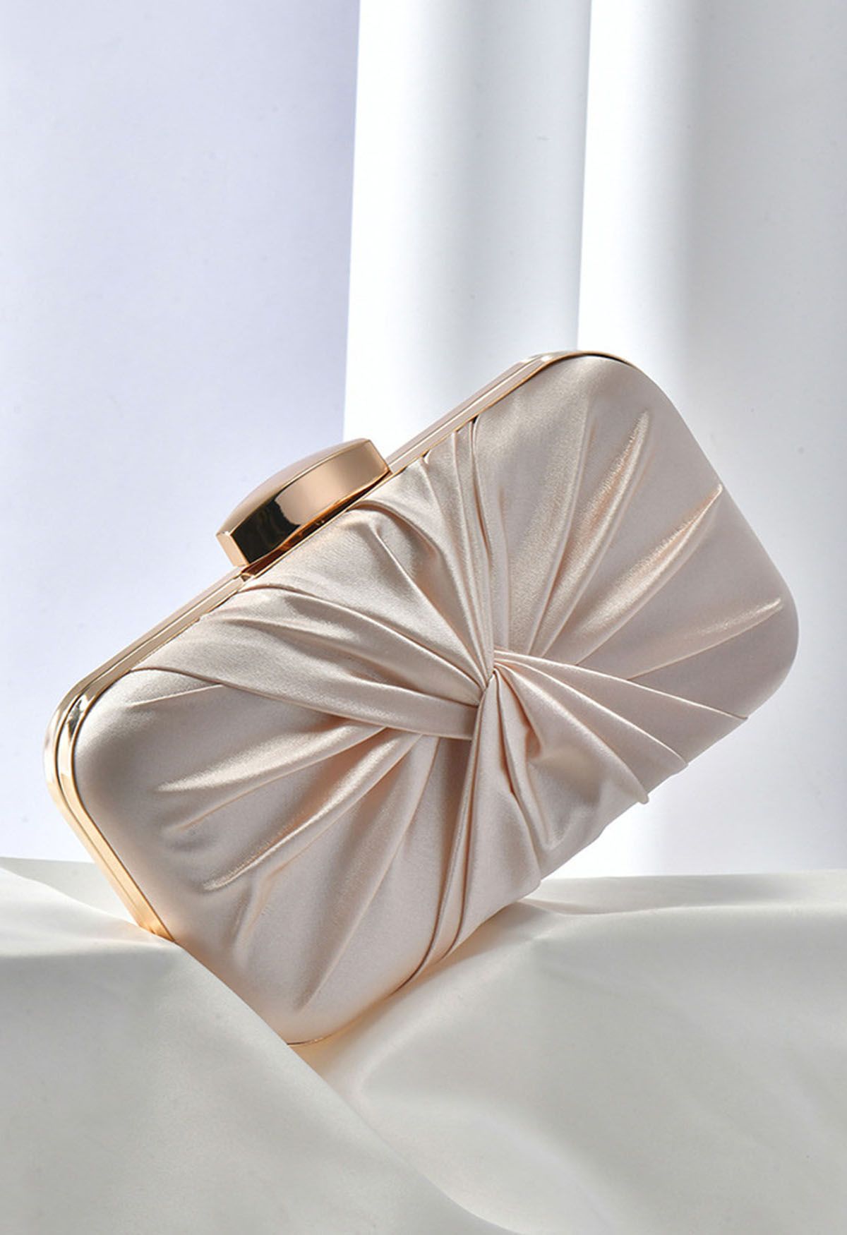 Ruched Knotted Satin Clutch in Champagne