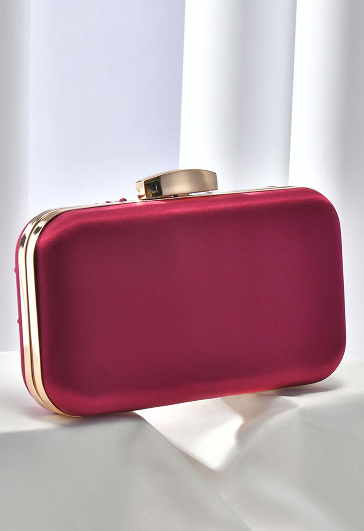 Ruched Knotted Satin Clutch in Burgundy