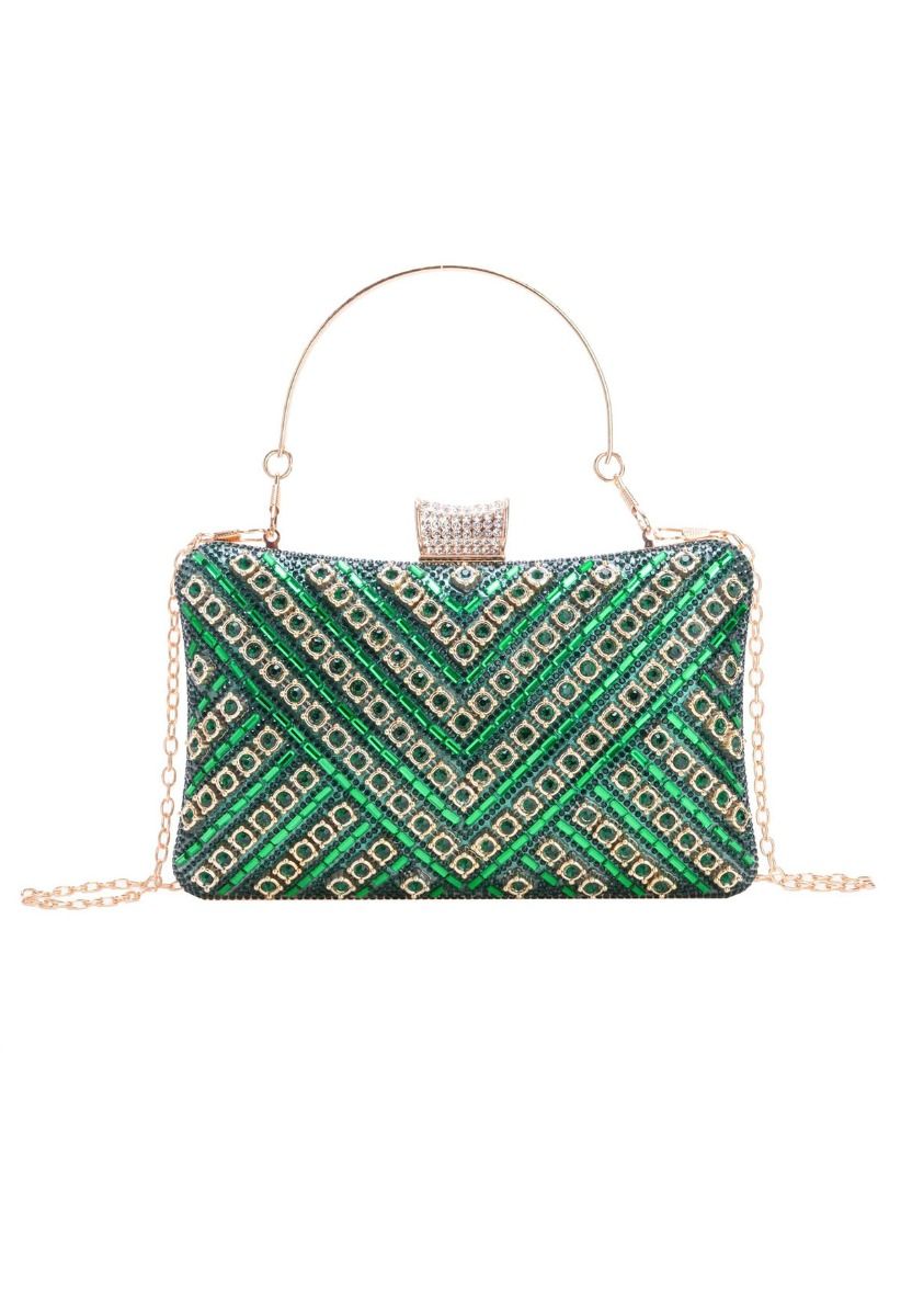 Fancy Rhinestone Overlay Clutch in Green