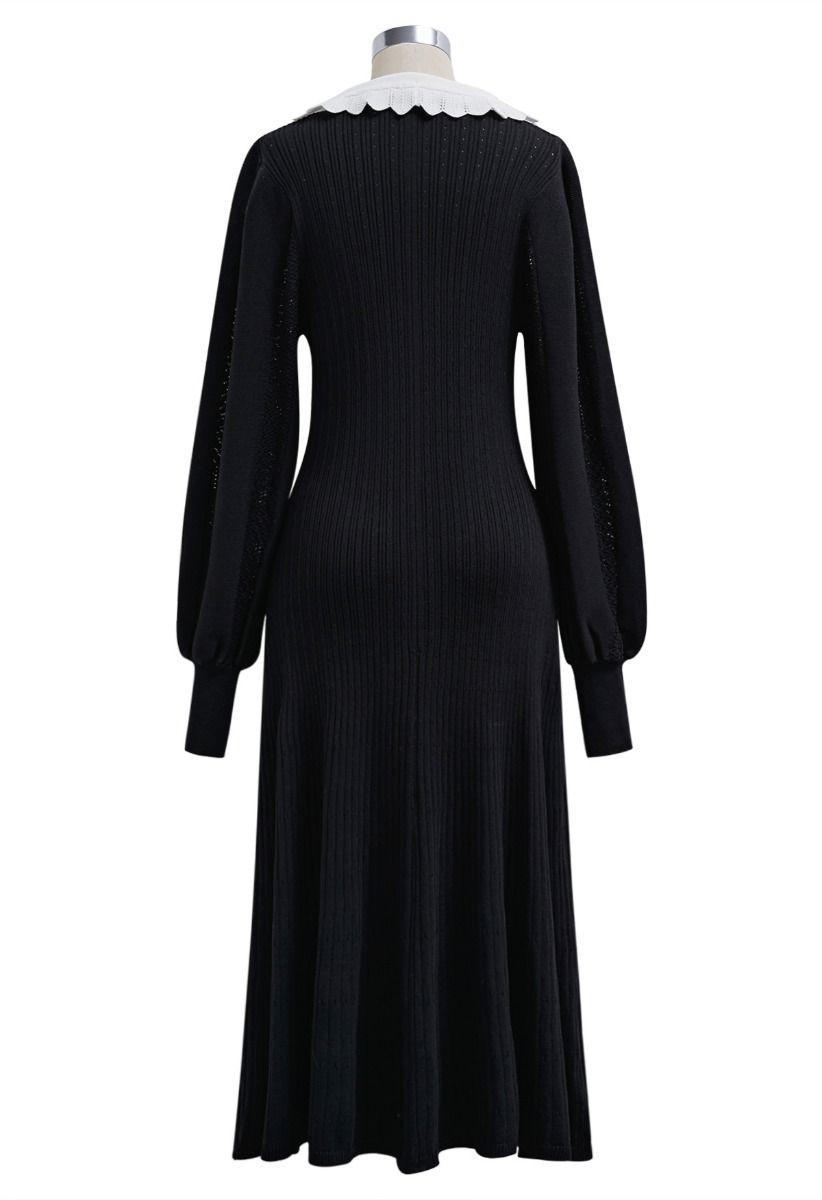 Scalloped Collar Lantern Sleeve Buttoned Midi Dress