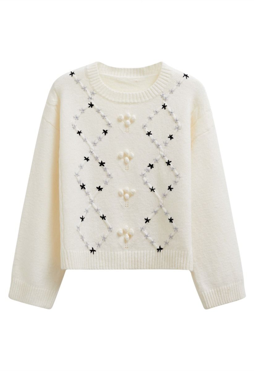 Floral Diamond Pom-Pom Ribbed Knit Sweater in Cream