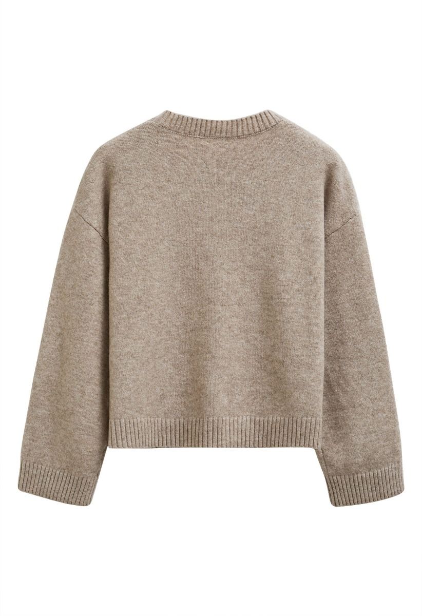 Floral Diamond Pom-Pom Ribbed Knit Sweater in Taupe