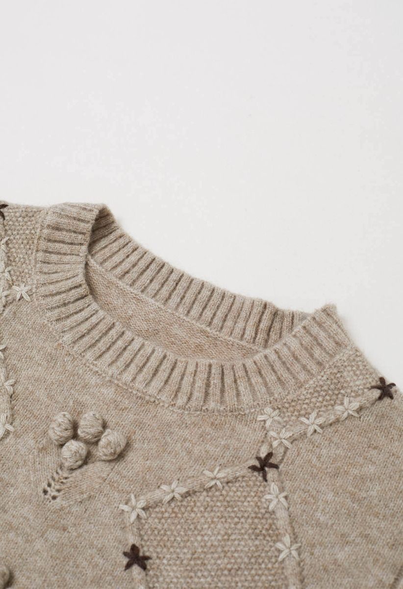 Floral Diamond Pom-Pom Ribbed Knit Sweater in Taupe