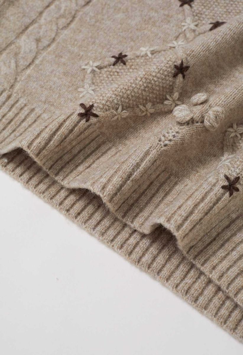 Floral Diamond Pom-Pom Ribbed Knit Sweater in Taupe