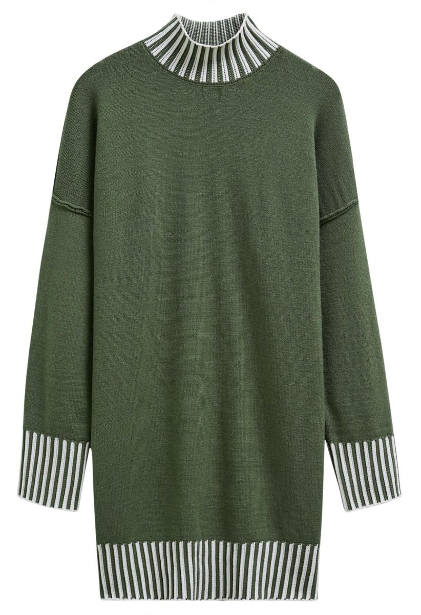 Contrast Stripe Mock Neck Knit Sweater Dress in Green