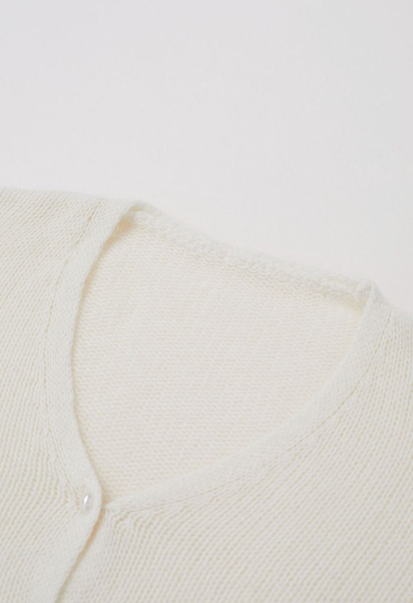 Solid Color Pearly Button Knit Cardigan in Cream