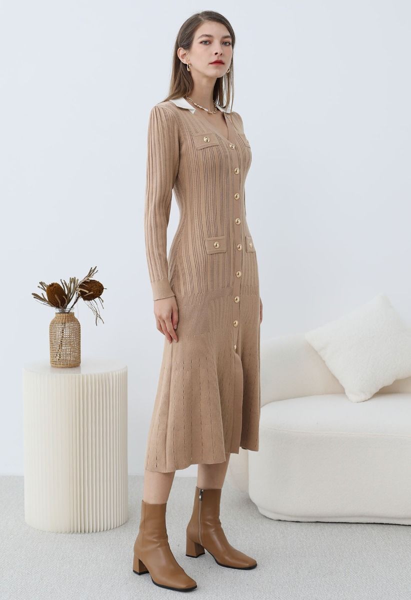 Attractive Stud Button V-Neck Collared Midi Dress in Tan