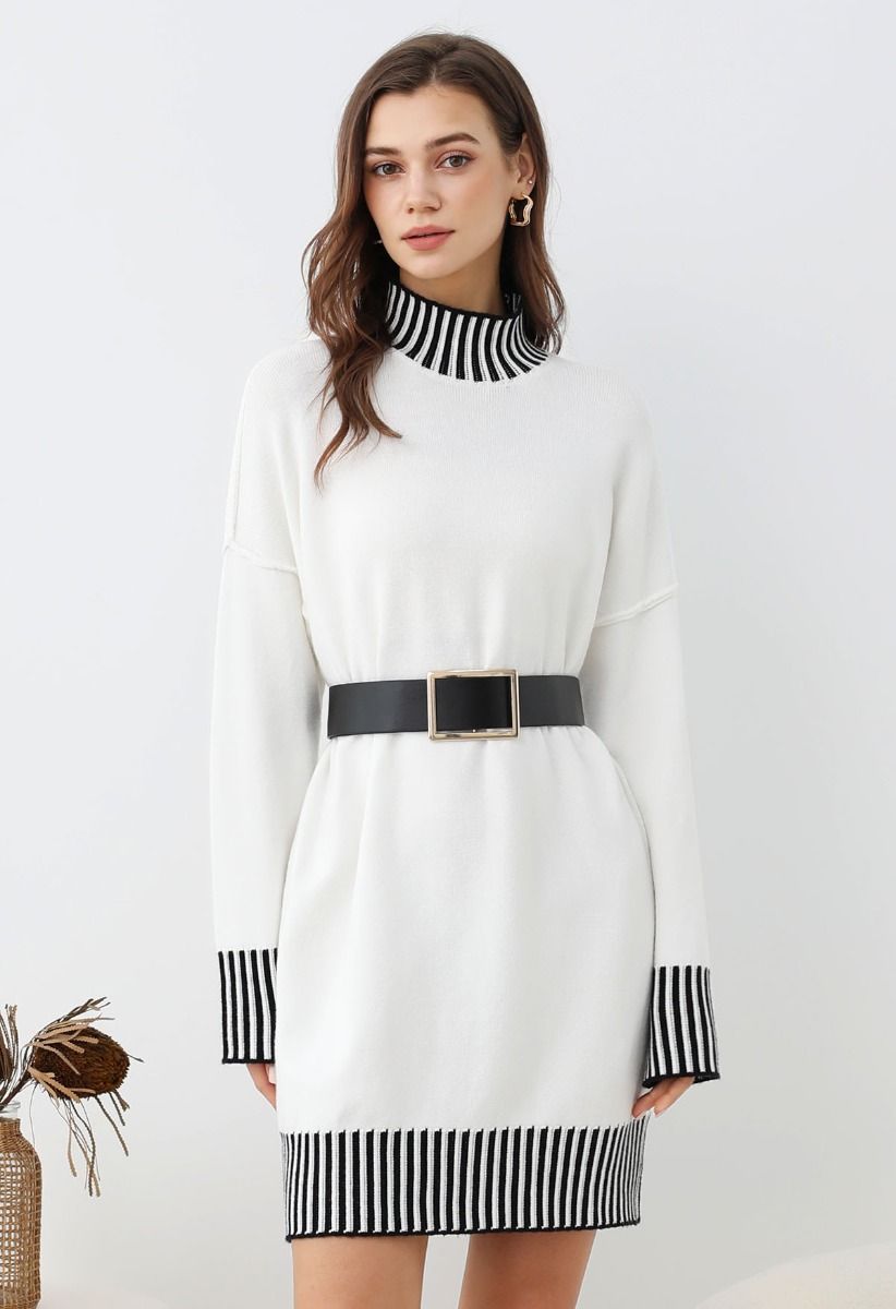 Contrast Stripe Mock Neck Knit Sweater Dress in Ivory