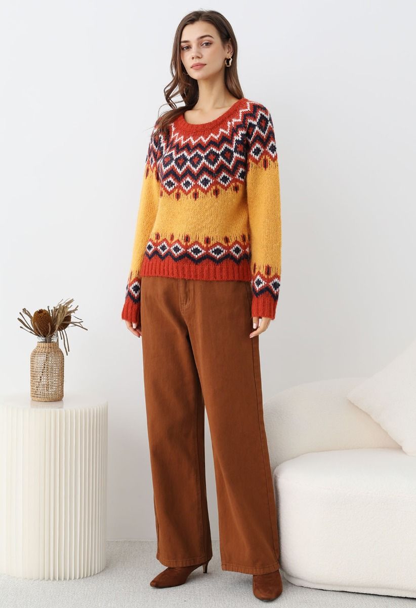 Nordic Charm Fair Isle Knit Sweater in Orange