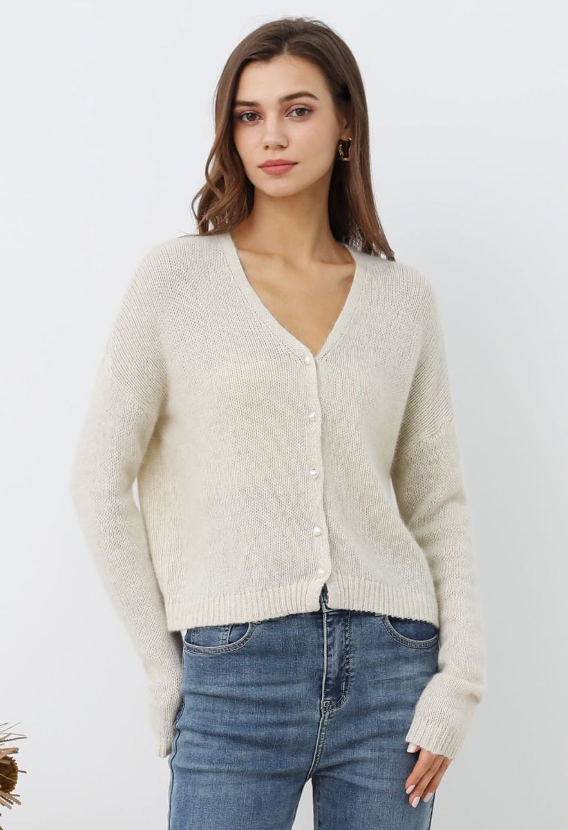 Solid Color Pearly Button Knit Cardigan in Oatmeal