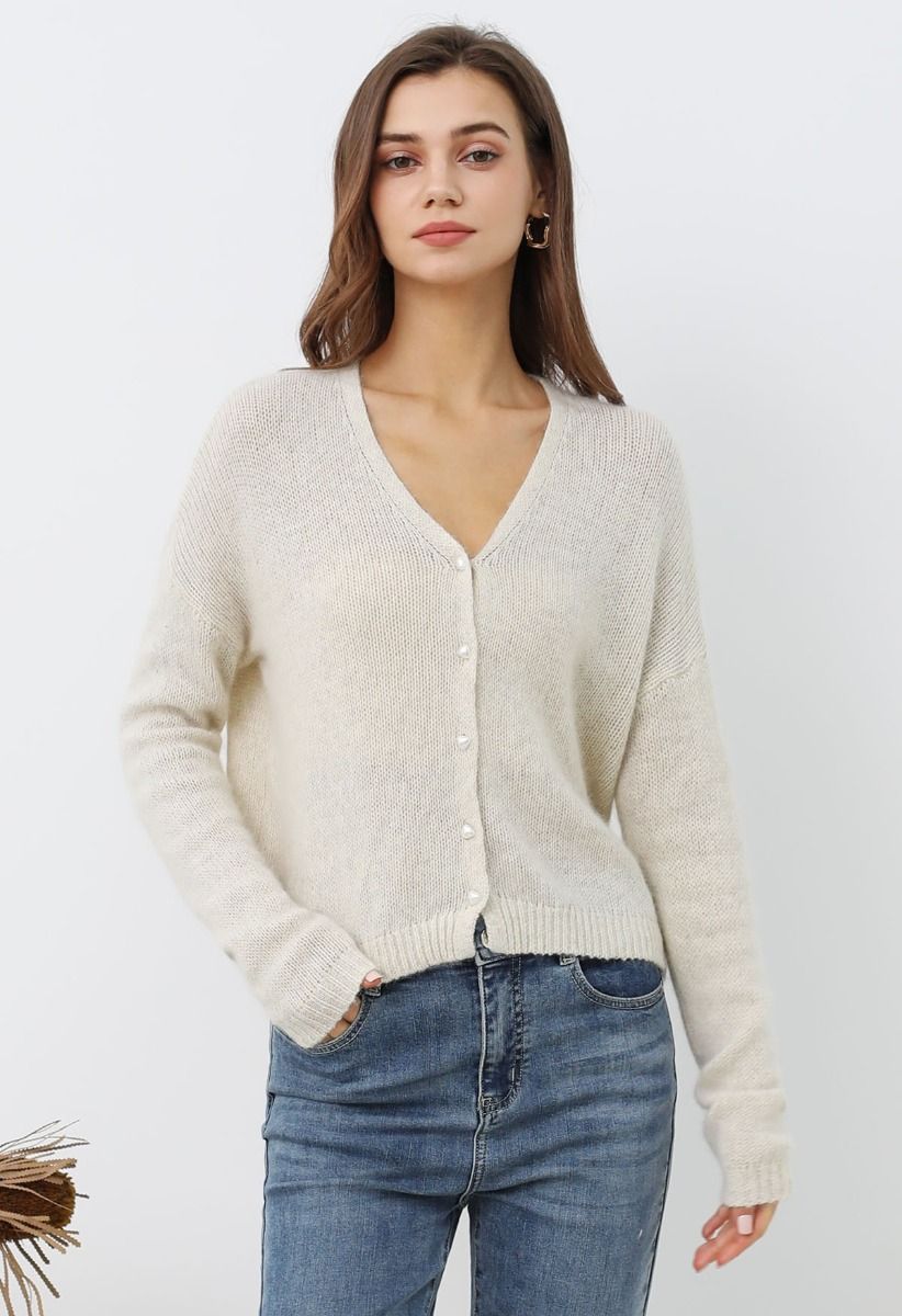 Solid Color Pearly Button Knit Cardigan in Oatmeal