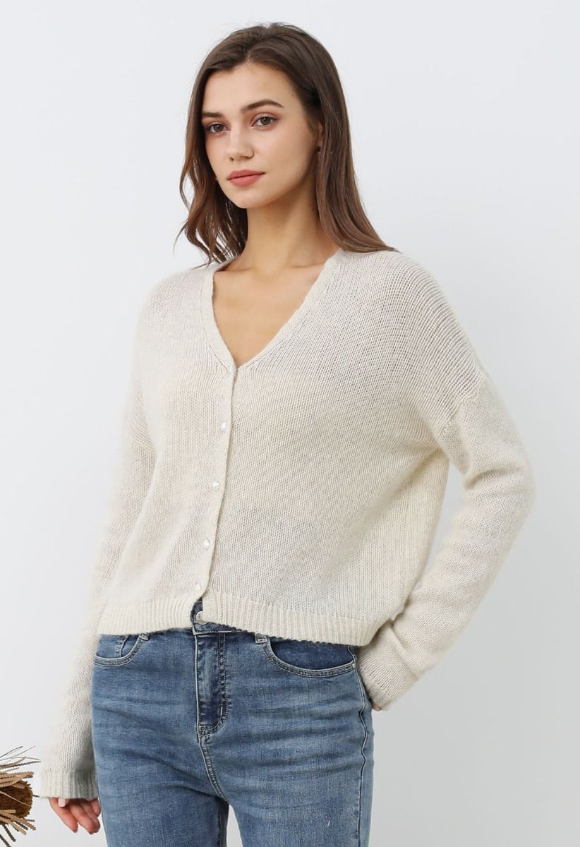 Solid Color Pearly Button Knit Cardigan in Oatmeal