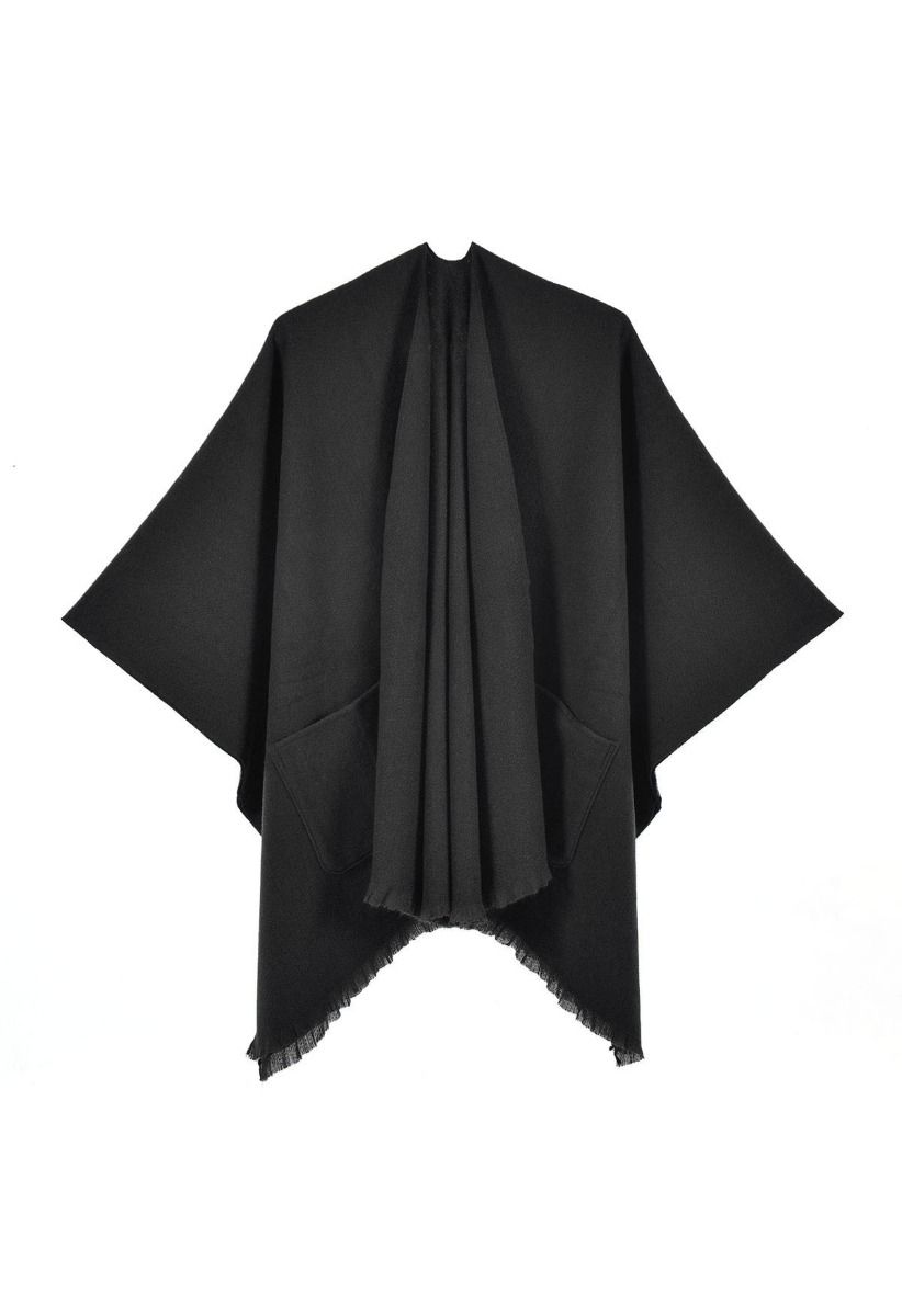 Whisper Soft Pocket Fringed Hem Poncho in Black