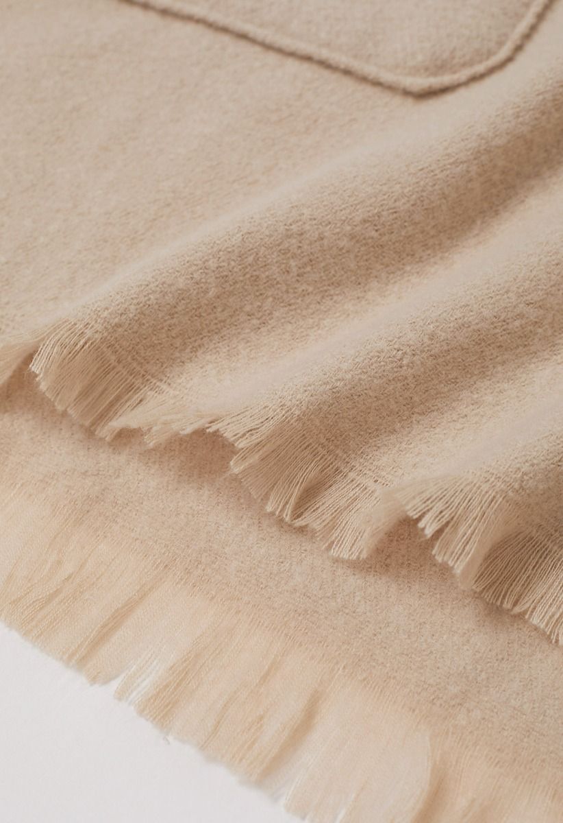 Whisper Soft Pocket Fringed Hem Poncho in Light Tan